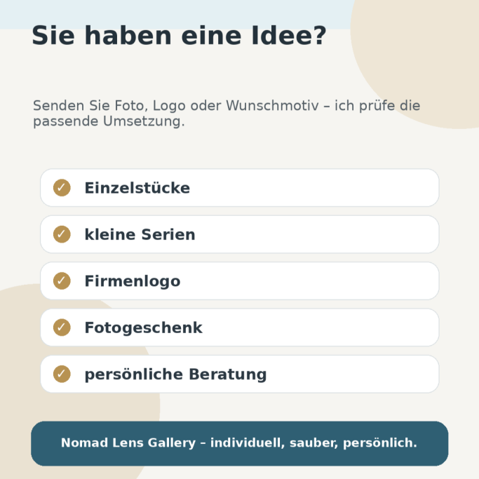 Eine Liste von Ideen für individuelle Umsetzung: Fotos, Logos, Geschenke, Beratung.